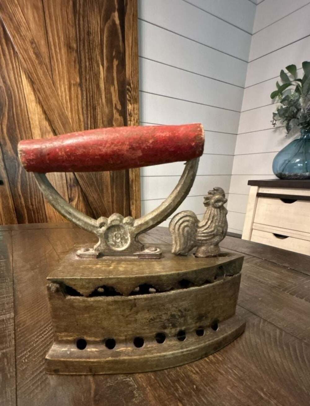 Vintage Charcoal Sad Iron with Rooster Finial and Red Wooden Handle